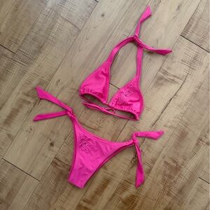 Hot Pink Brazilian Tiny Bikini Set with Embroidered Detail